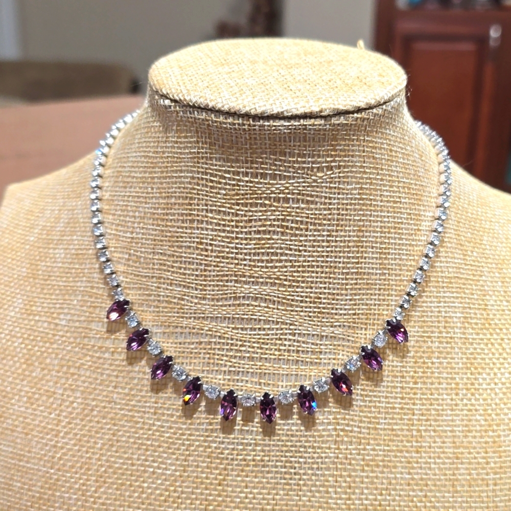 B David Vintage Amethyst Purple & Clear Rhinestones Choker Costume Necklace
